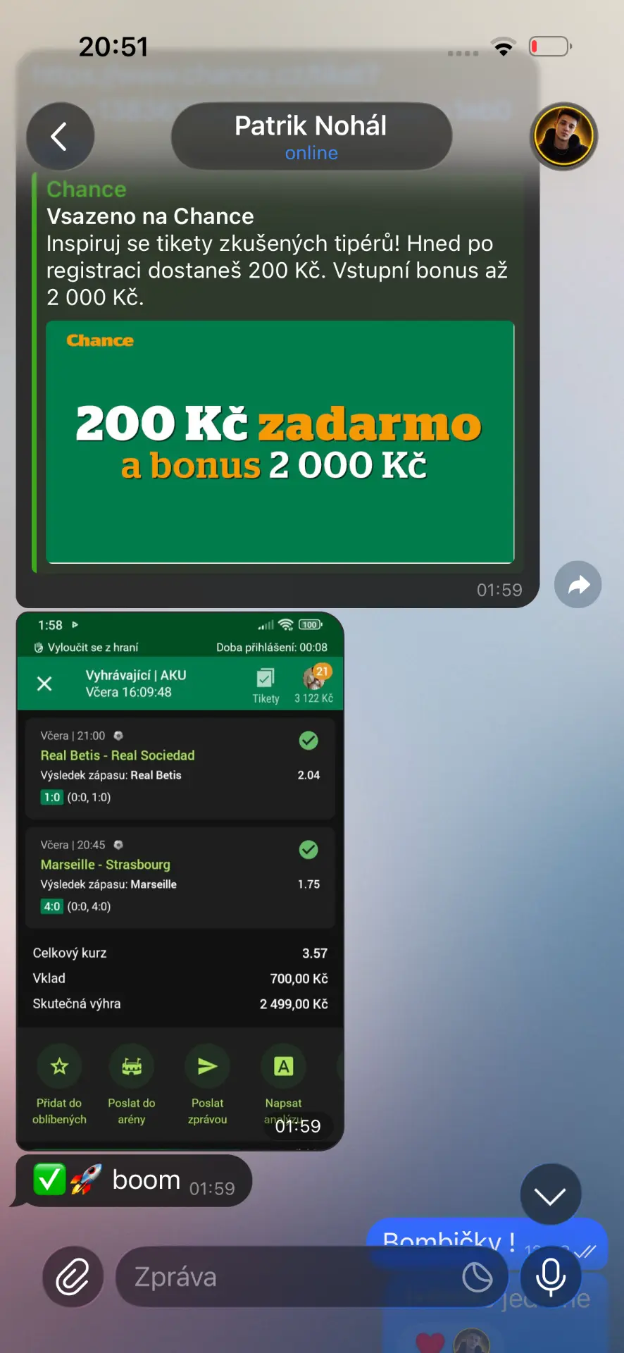 Screenshot výhry člena skupiny