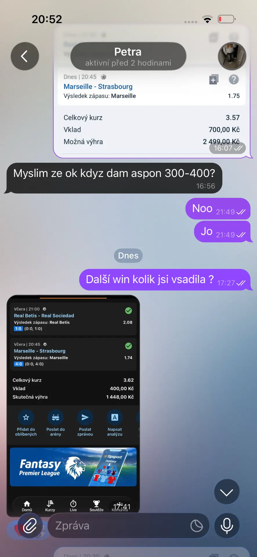 Screenshot výhry člena skupiny