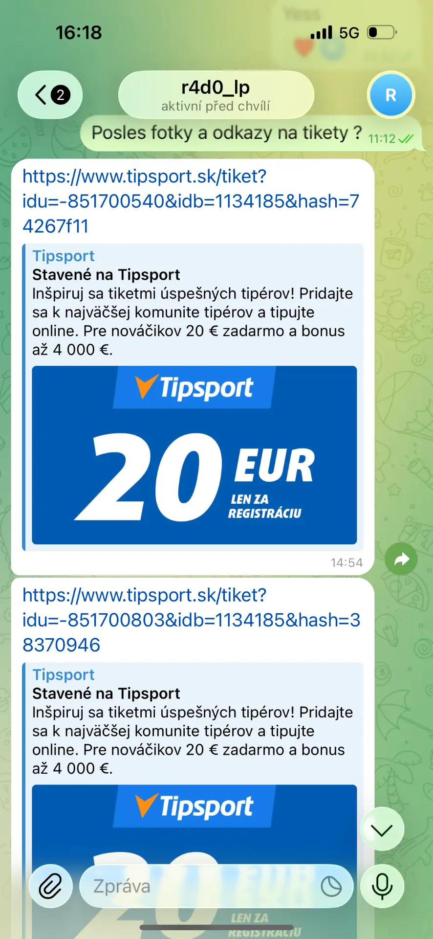 Screenshot výhry člena skupiny
