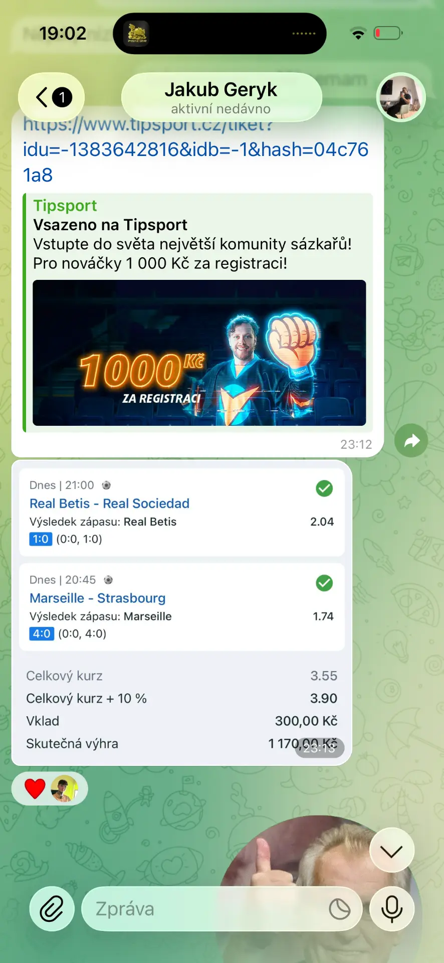 Screenshot výhry člena skupiny