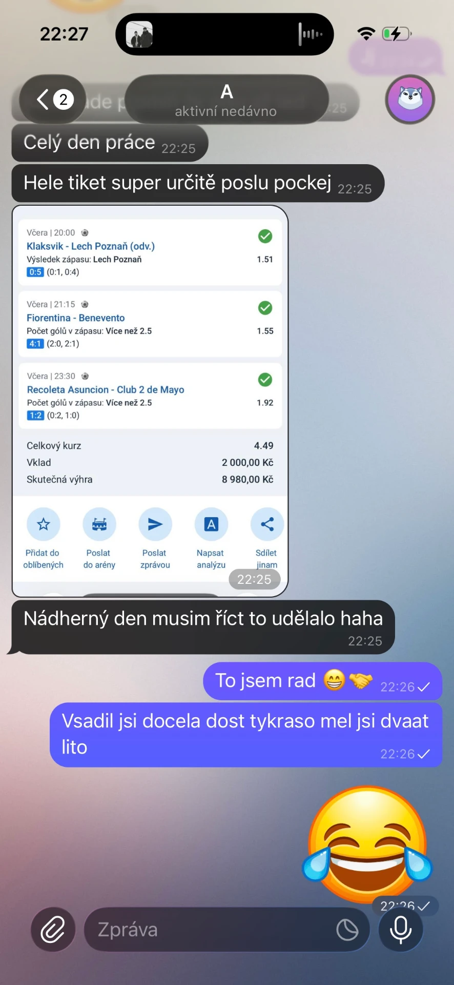 Screenshot výhry člena skupiny