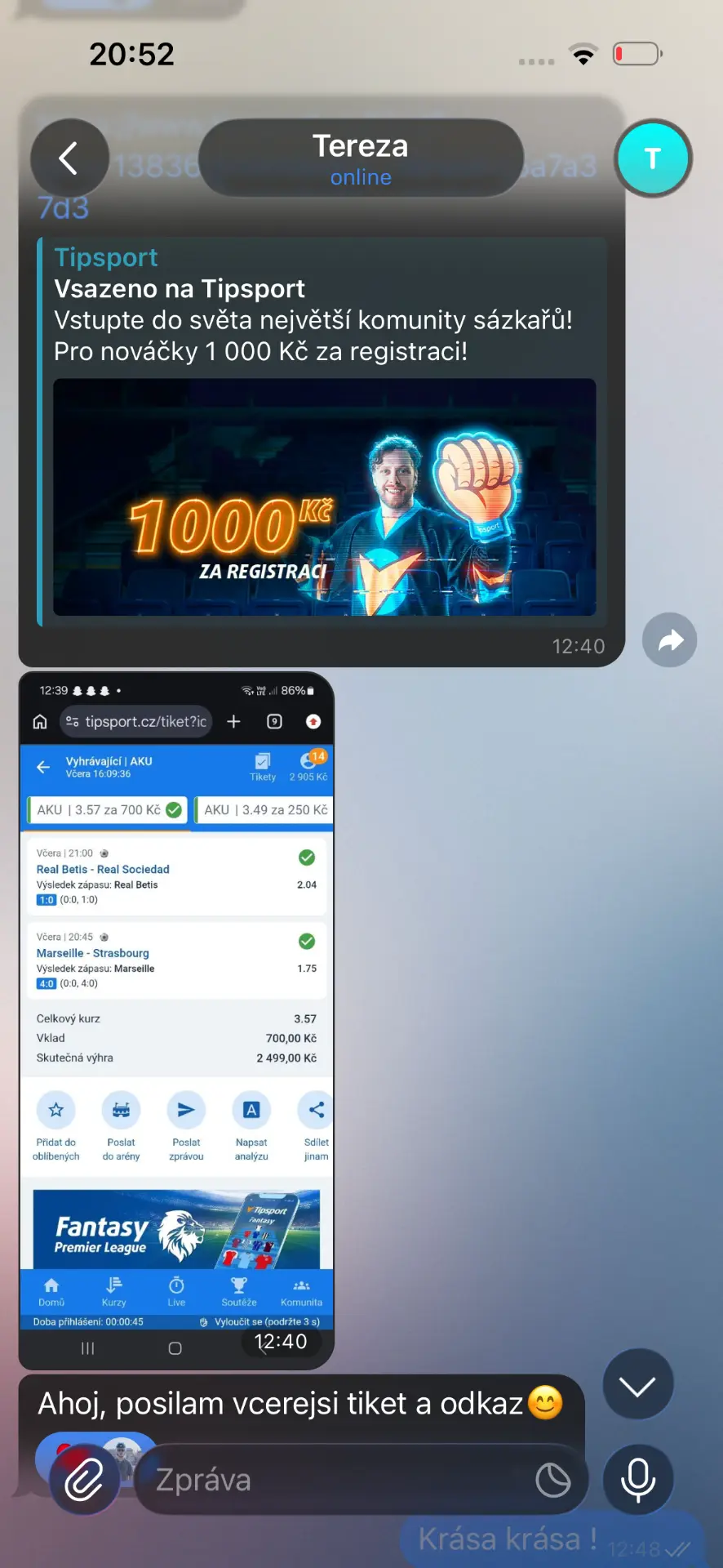 Screenshot výhry člena skupiny