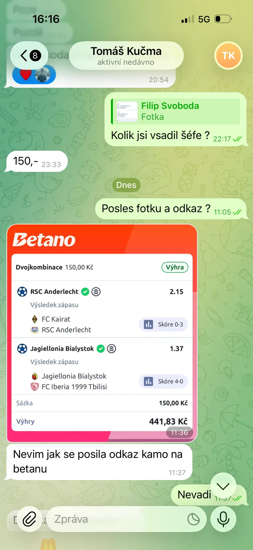 Screenshot výhry člena skupiny