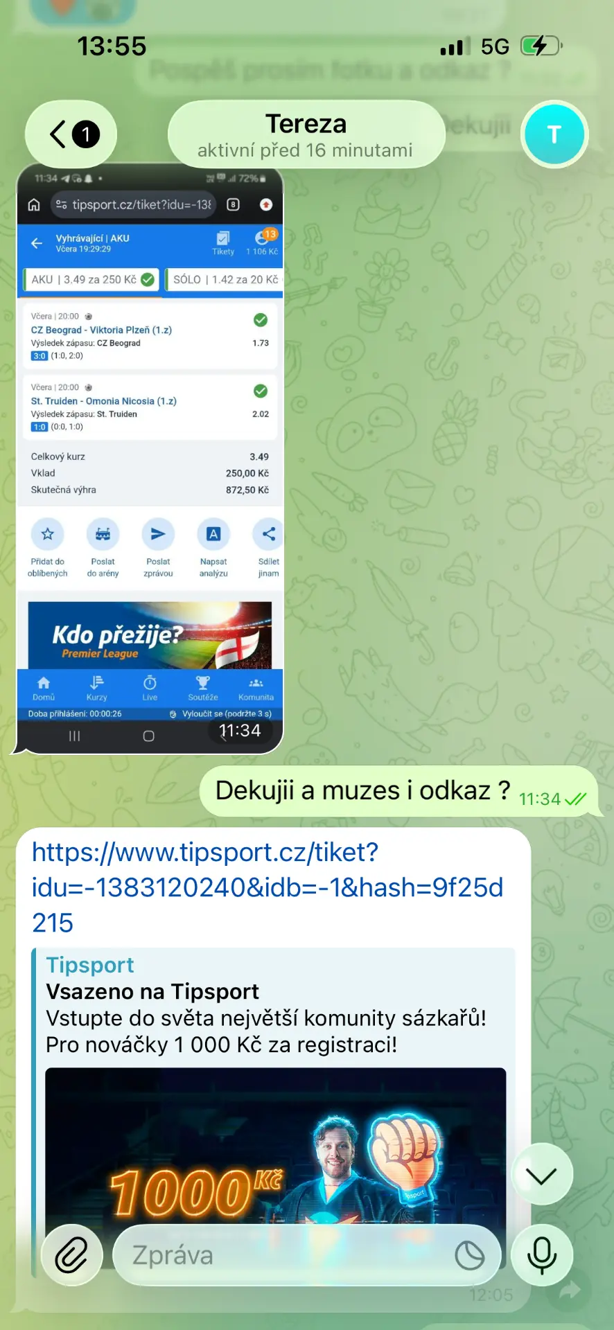 Screenshot výhry člena skupiny