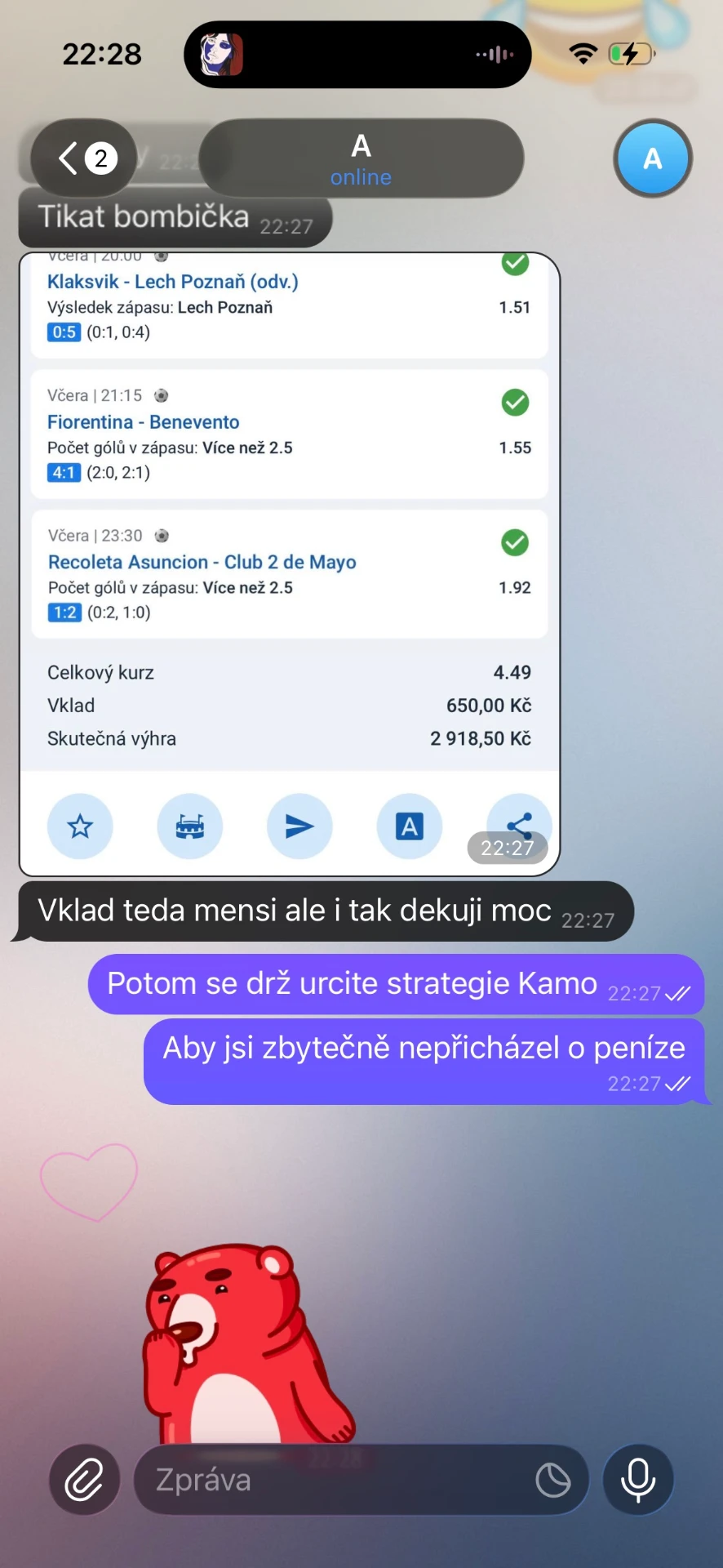 Screenshot výhry člena skupiny
